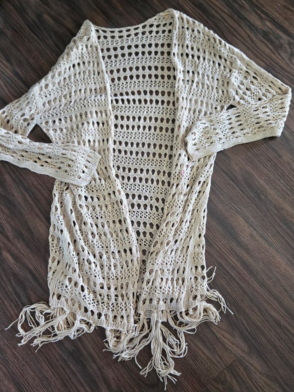 70s Boho/Hippie Style Beige Crochet Open-Knit Maxi Kimono w/ Fringe OSFM